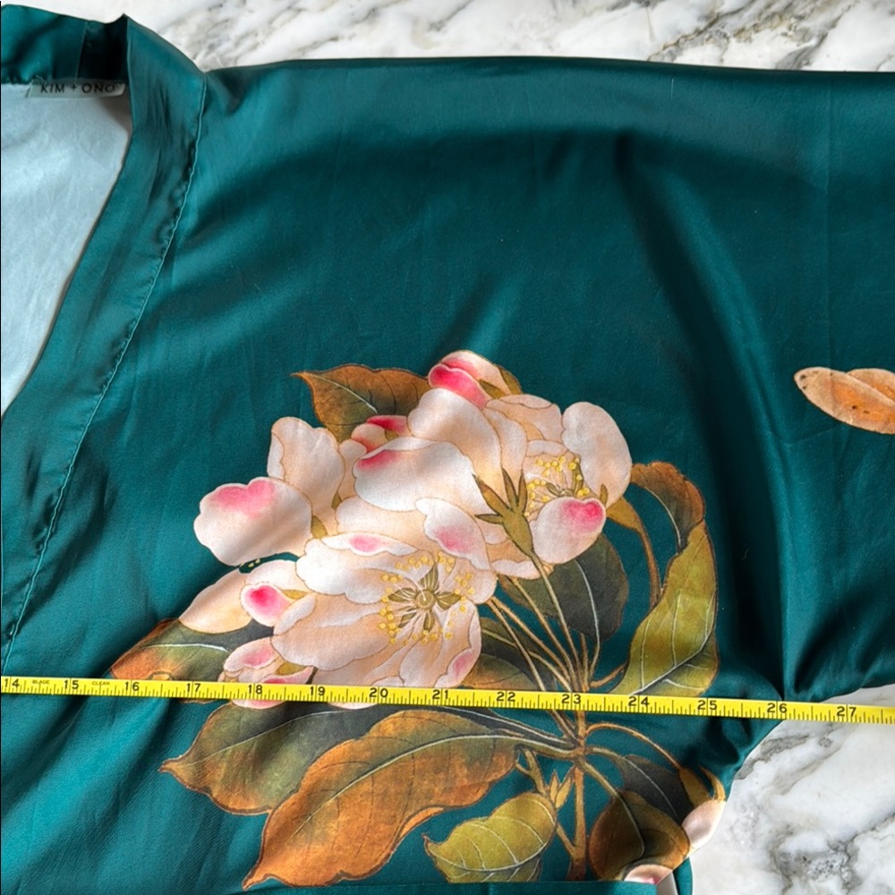 Silk-Feel Teal Floral Kimono Robe - Picture 14 of 16